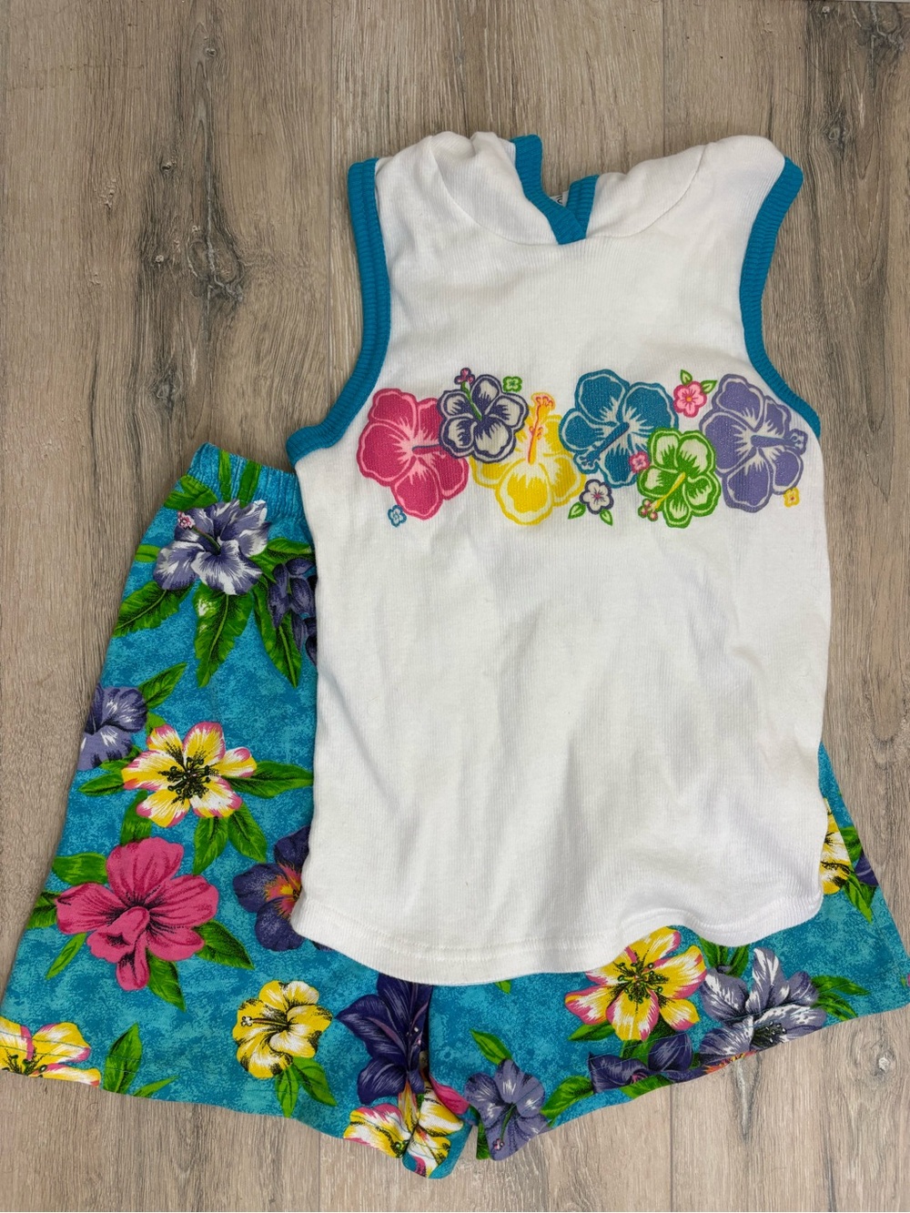 Vintage Girls White Tank Top with Teal Floral Trim & Teal Floral Shorts Set